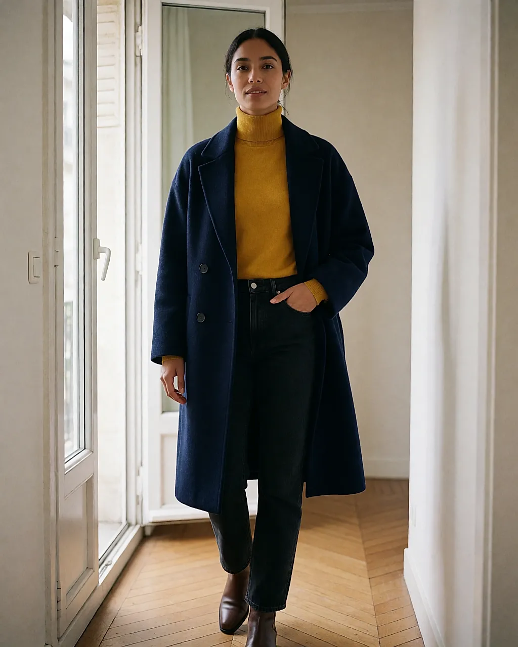 Un pull moutarde glissé sous un manteau bleu marine laissé ouvert