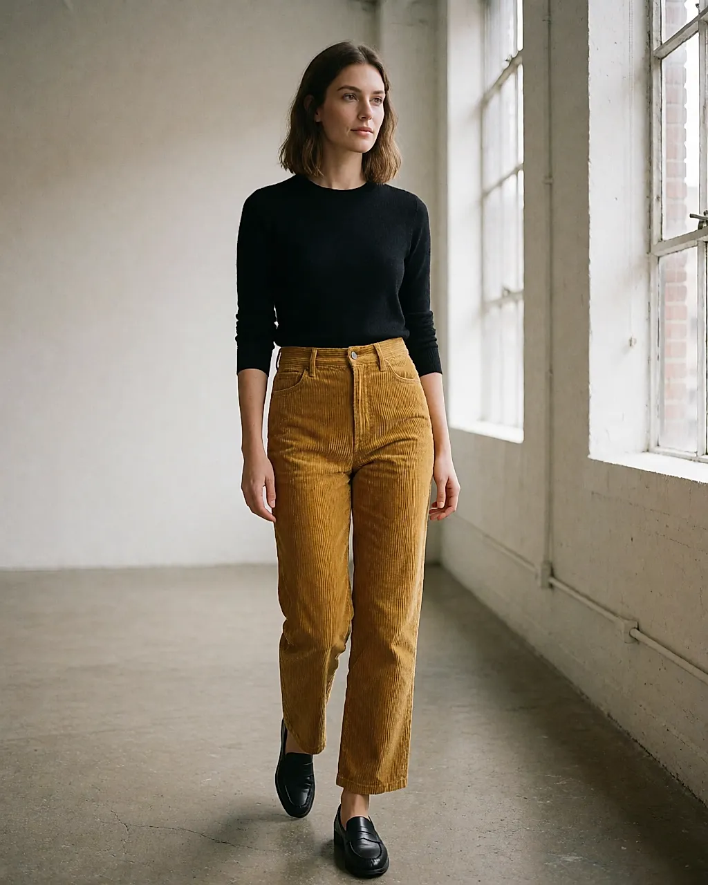Pantalon droit en velours côtelé moutarde porté avec un haut noir