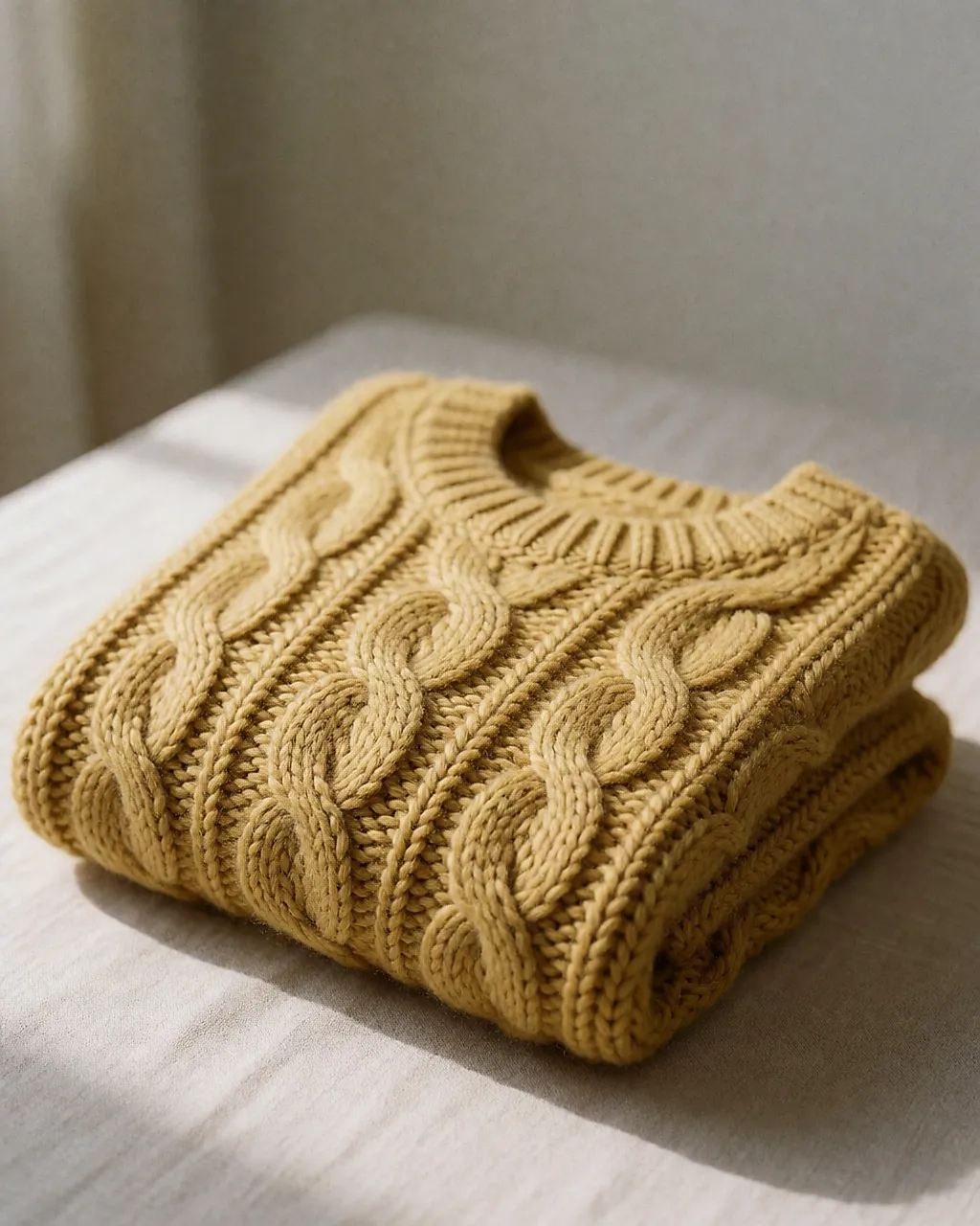Gros plan sur une maille torsadée jaune moutarde et son tombé mat