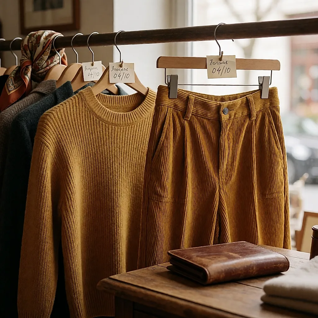 Maille et pantalon moutarde dans une friperie, petites étiquettes de prix manuscrites