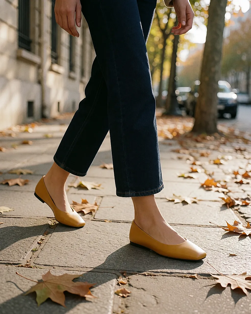 Ballerines en cuir jaune moutarde portées avec un jean brut sur un trottoir d'automne