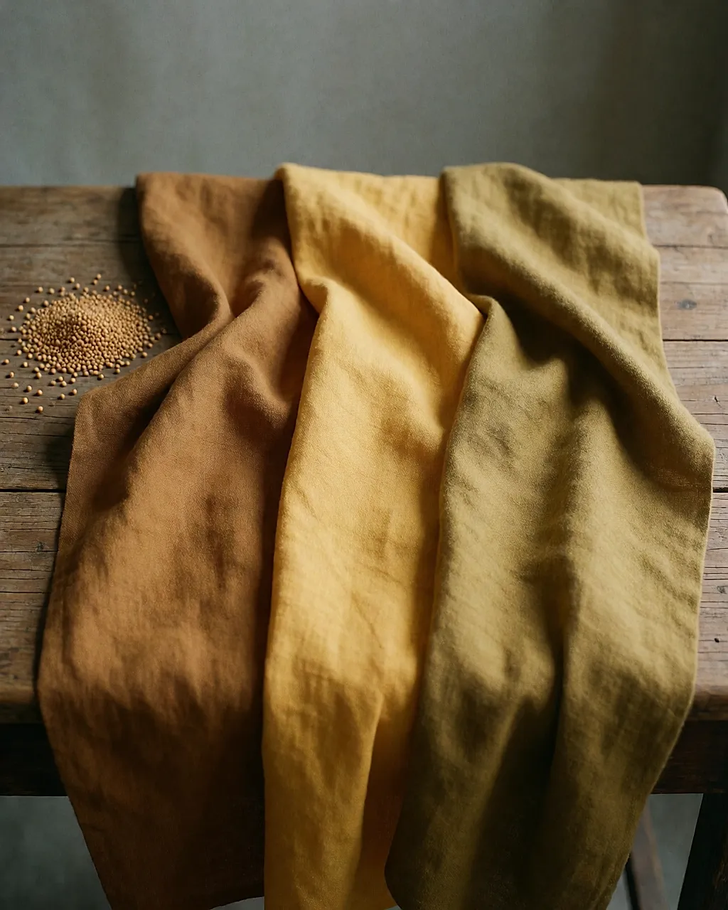 Nuancier de tissus moutarde : ocre brun, safran chaud et jaune olive côte à côte