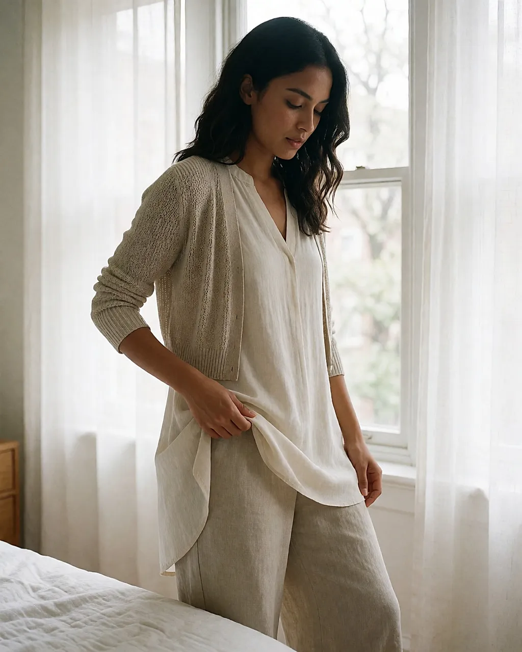 Young woman in a long tunic over fluid trousers and a short cardigan, layered