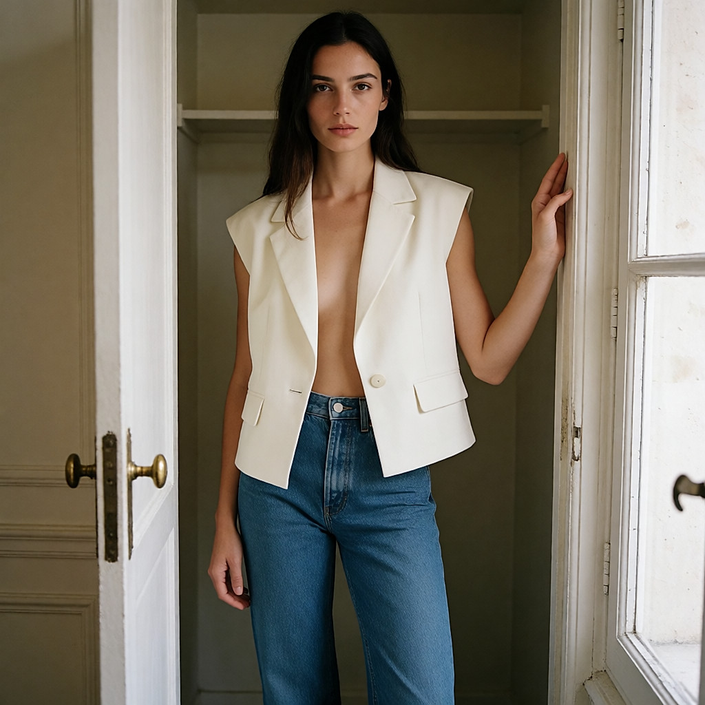 Young woman in a structured jacket and straight jeans in a fitting room