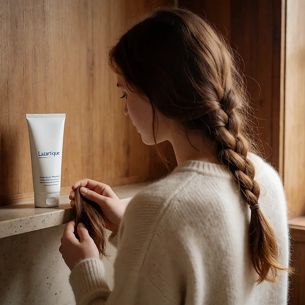 De dos, une femme lisse une crème protectrice Lazartigue sur les pointes de sa tresse lâche