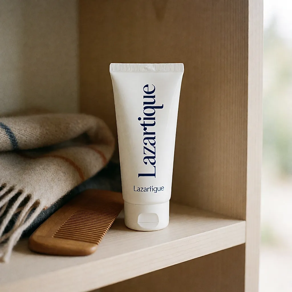 Le tube de crème de jour protectrice pour cheveux posé sur une étagère en bois