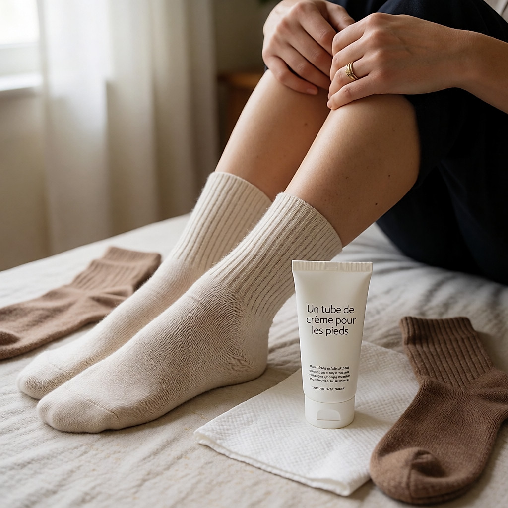 Eine Tube Fußcreme auf einem Handtuch neben Baumwollsocken