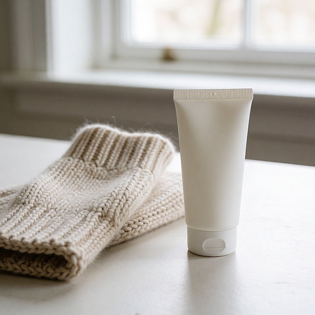 Eine Tube Handcreme mit Arnika neben Wollfäustlingen