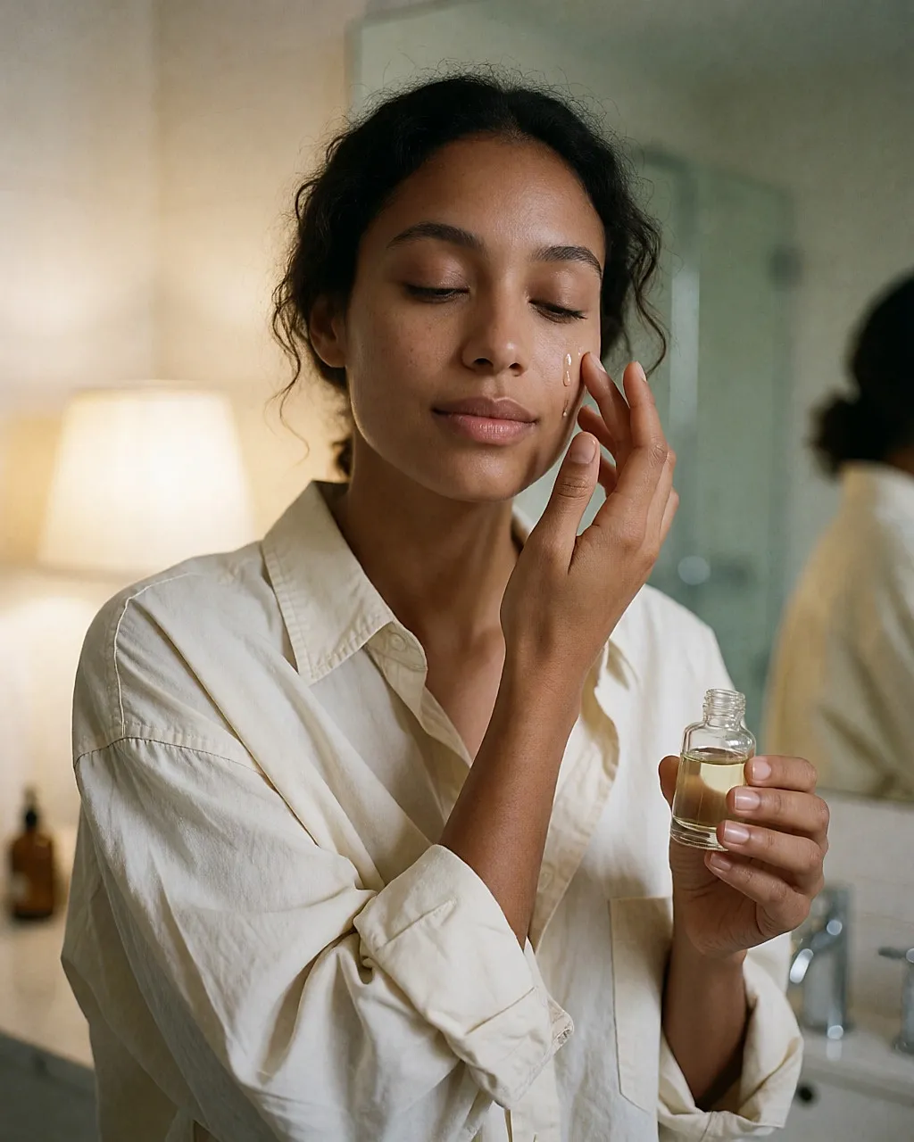 Jeune femme appliquant un sérum sur sa peau légèrement humide dans une salle de bain le soir