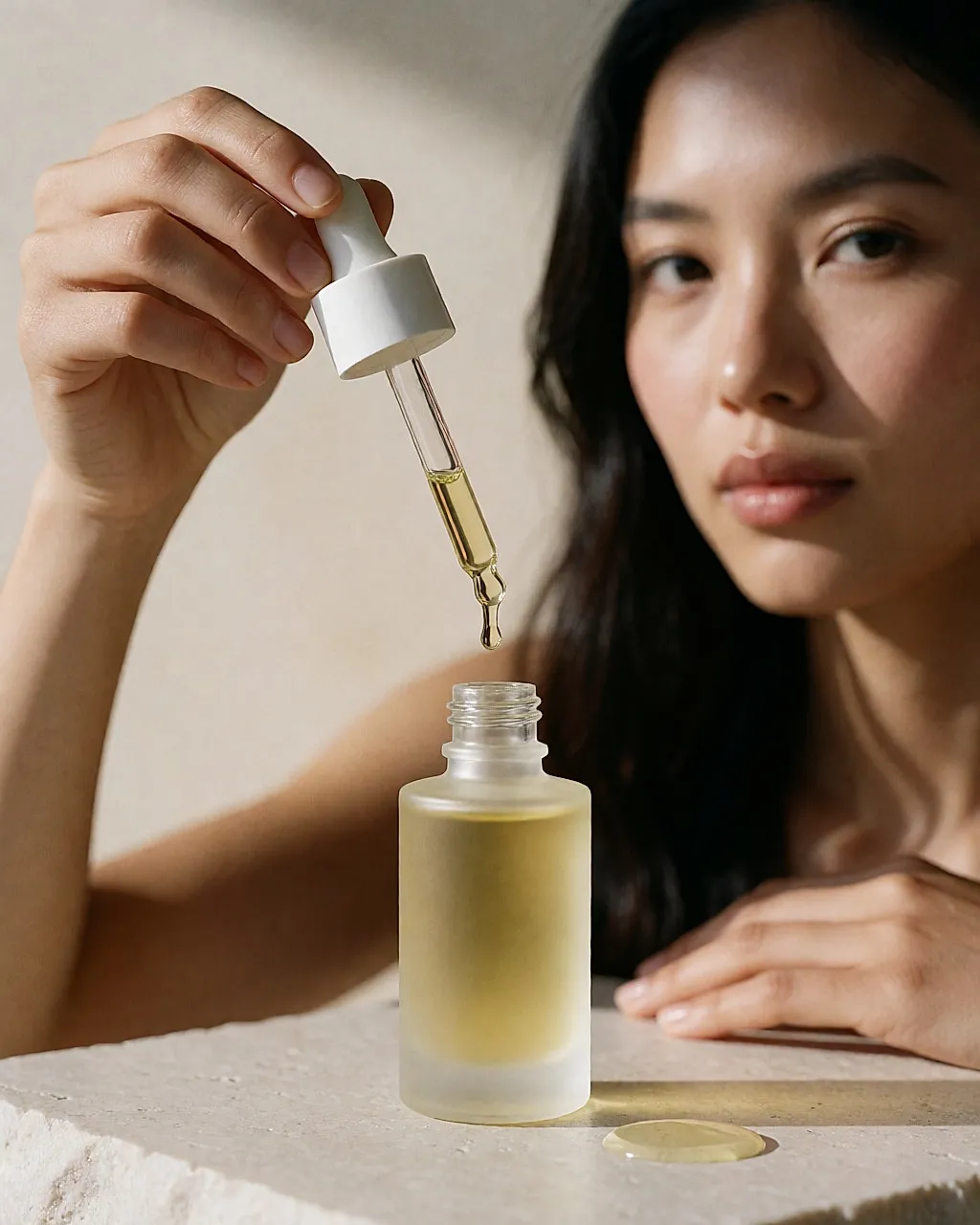 Flacon compte-gouttes de concentré visage avec une goutte suspendue à la pipette