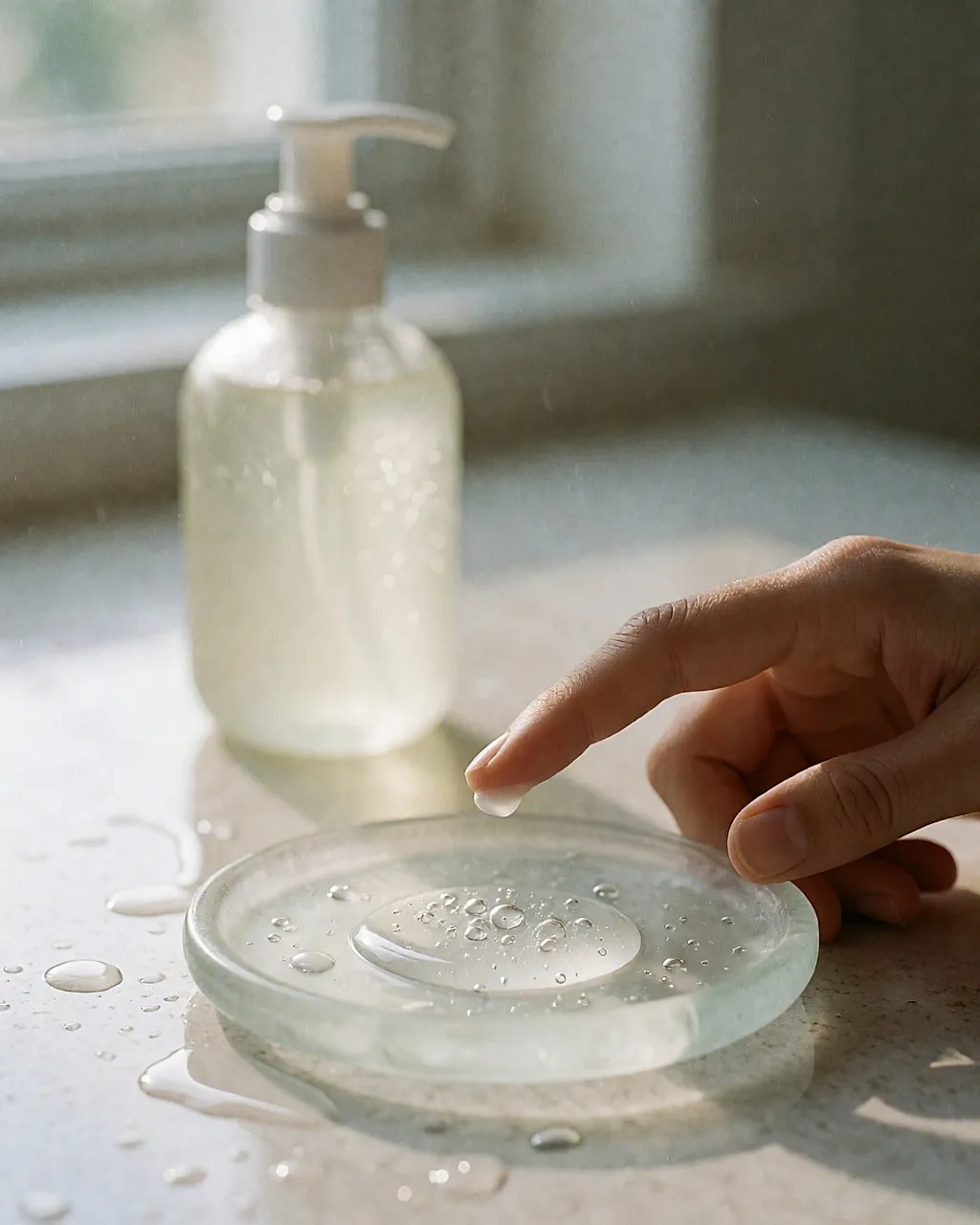 Texture de gel nettoyant transparent sur une coupelle de verre humide, lumière de salle de bain