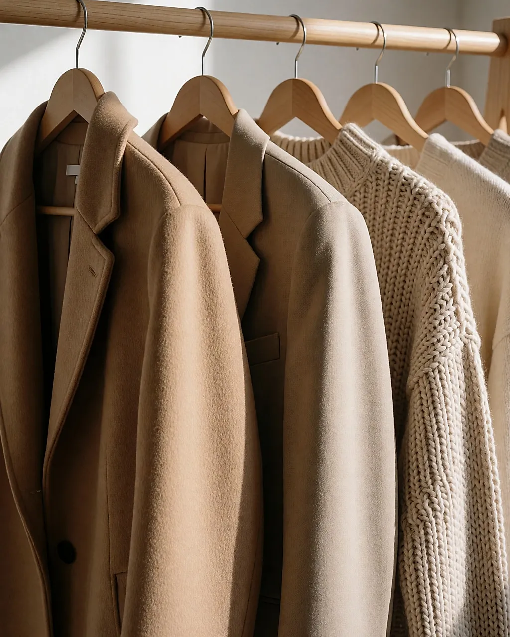 Détail de manteau de laine camel, de veste structurée et de grosse maille sur des cintres en bois.