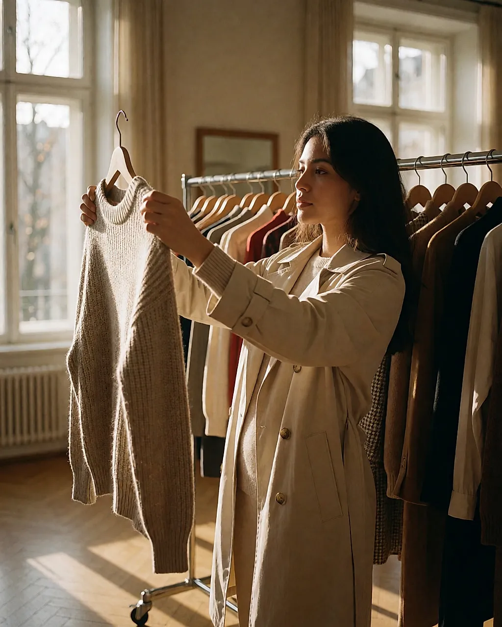 Jeune femme qui examine une grosse maille à bout de bras près d'un portant, dans la lumière de fin de journée.