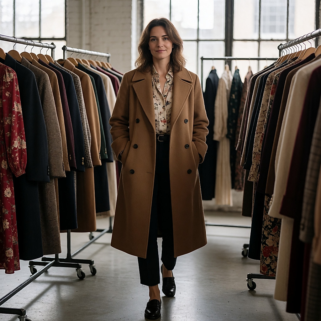 Vue large d'un vide-dressing chic : rangées de portants chargés de manteaux et de robes dans un loft aux grandes fenêtres.