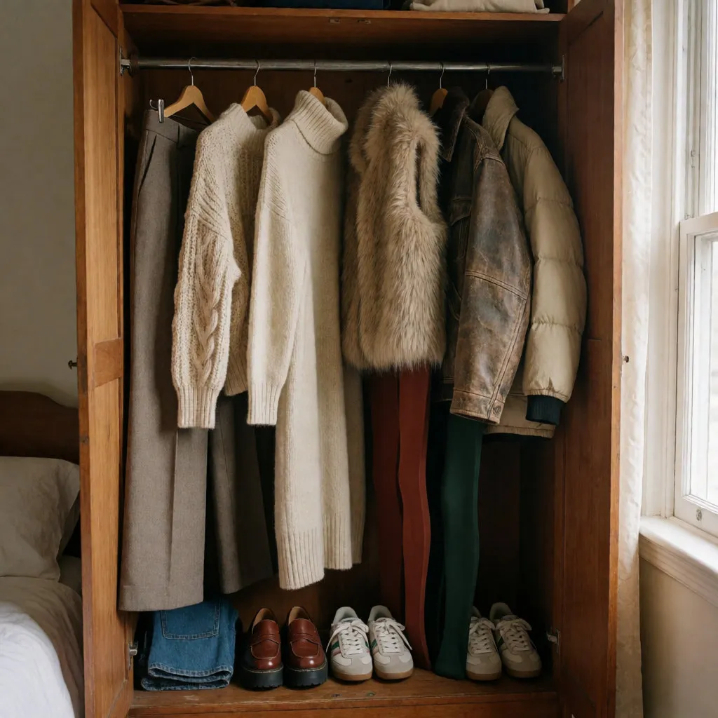 Offener Kleiderschrank mit weiter Hose, Zopfstrickpullover, blickdichten Strumpfhosen und Winterjacken in verschiedenen Texturen