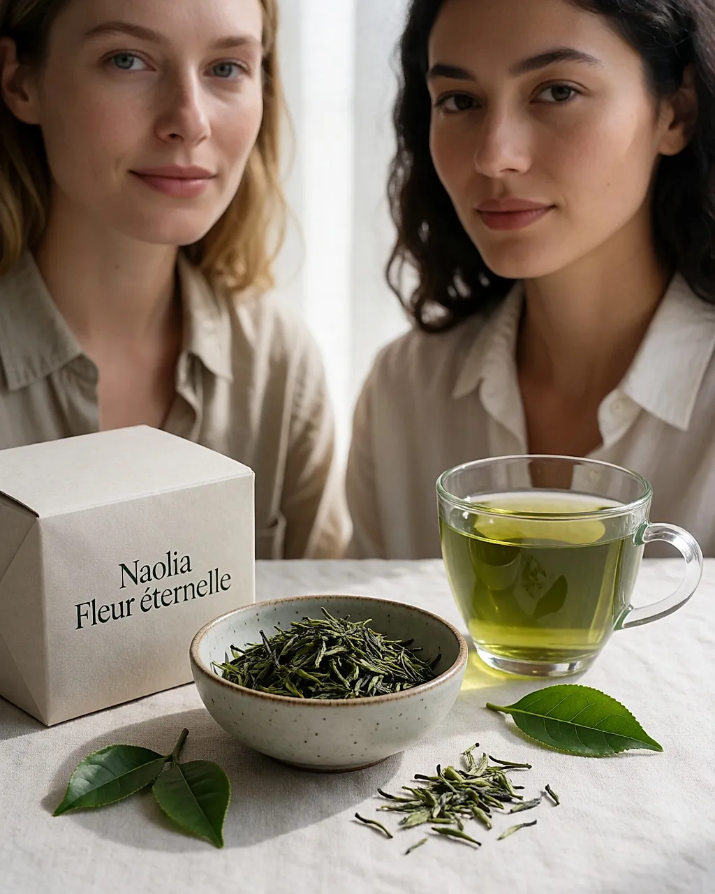 Loose green tea and a steaming cup, next to a box of Naolia Fleur éternelle
