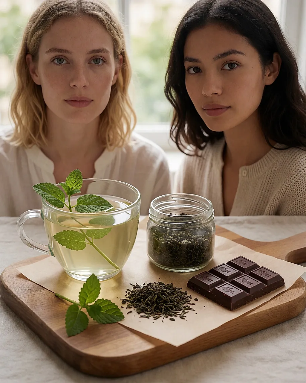 Lemon balm infusion, loose green tea and a square of organic dark chocolate