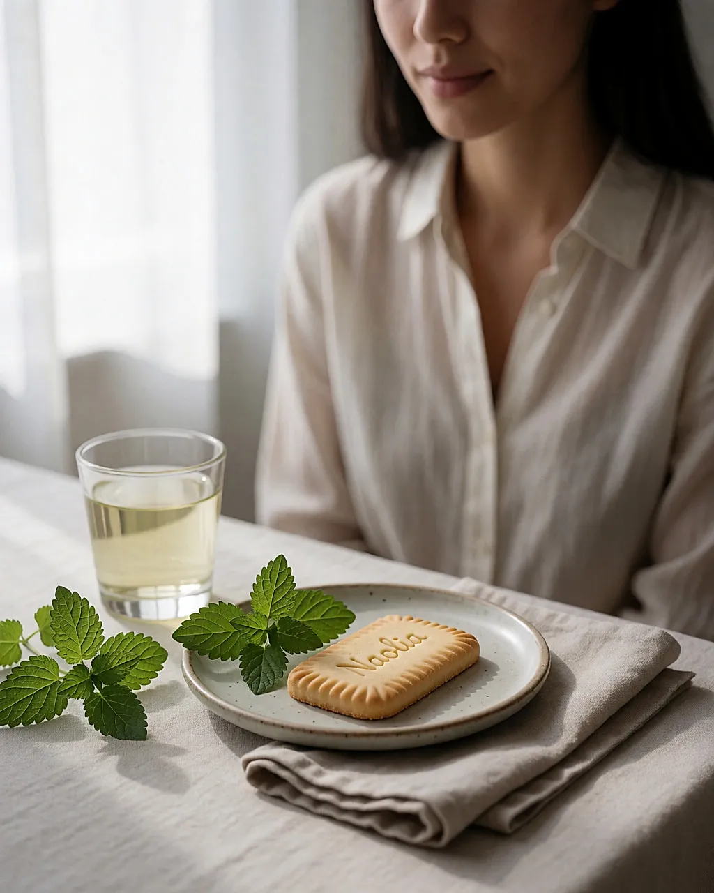 A Naolia biscuit next to a lemon balm infusion and fresh leaves