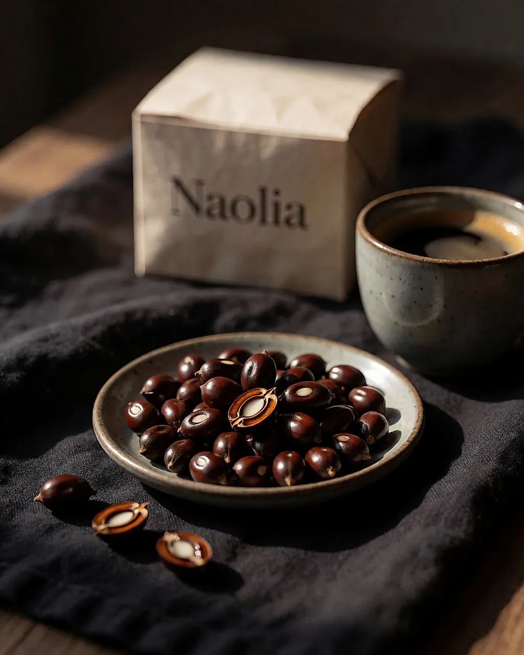 Guarana seeds in a dish, with a cup of coffee and a Naolia box