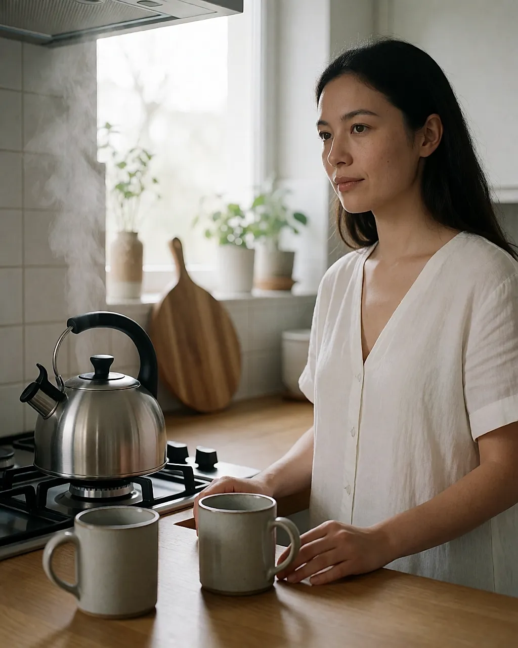 Steaming kettle on the hob, two mugs on the worktop