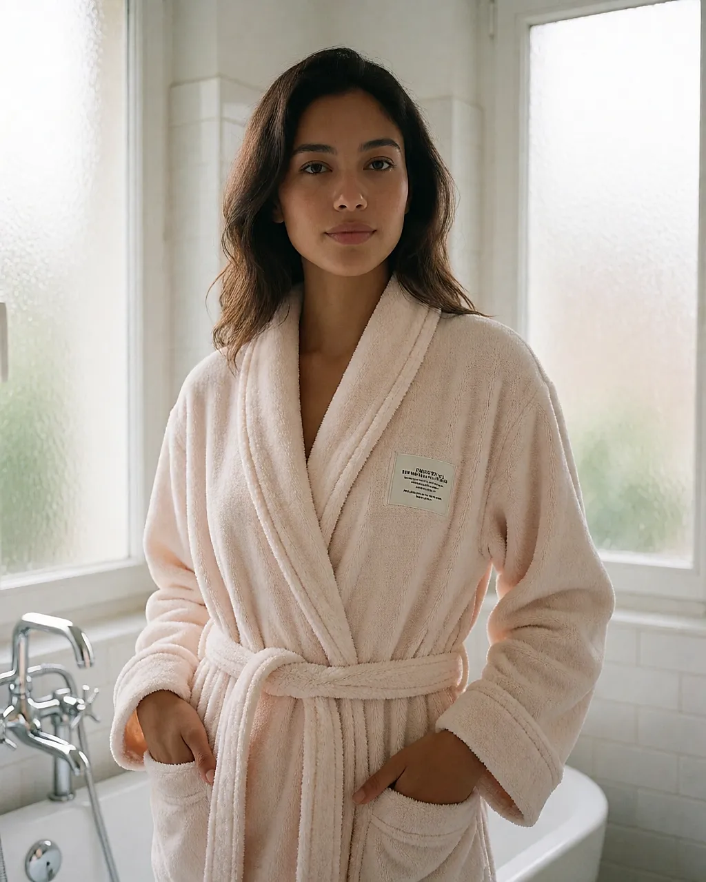 Fleece dressing gown worn after a bath, brand label visible