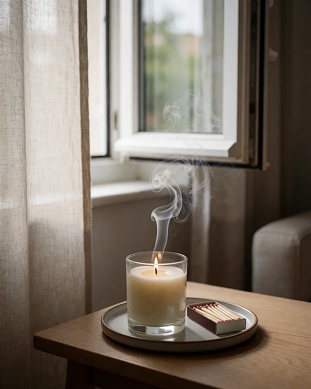 Extinguished candle with a smoking wick, window ajar beside it