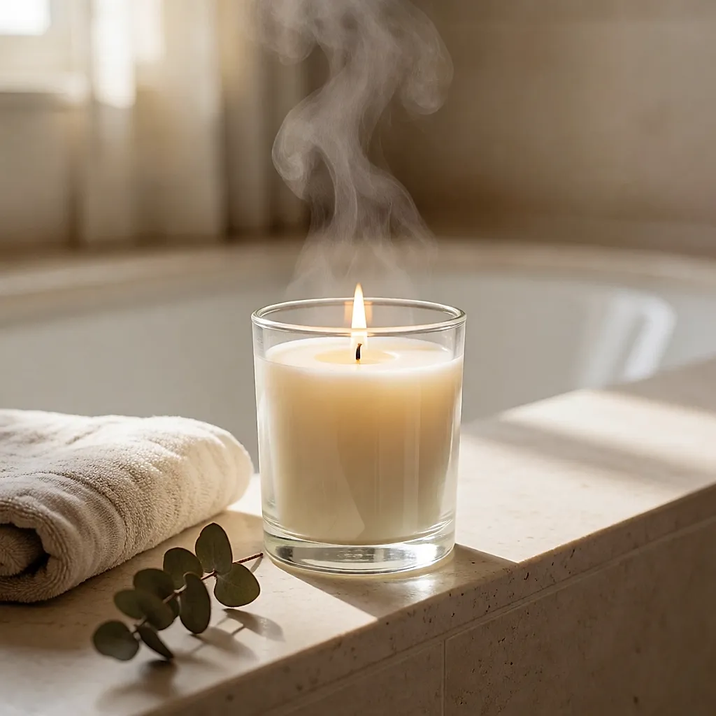 Lit scented candle on the edge of the bath, linen towel and faint steam