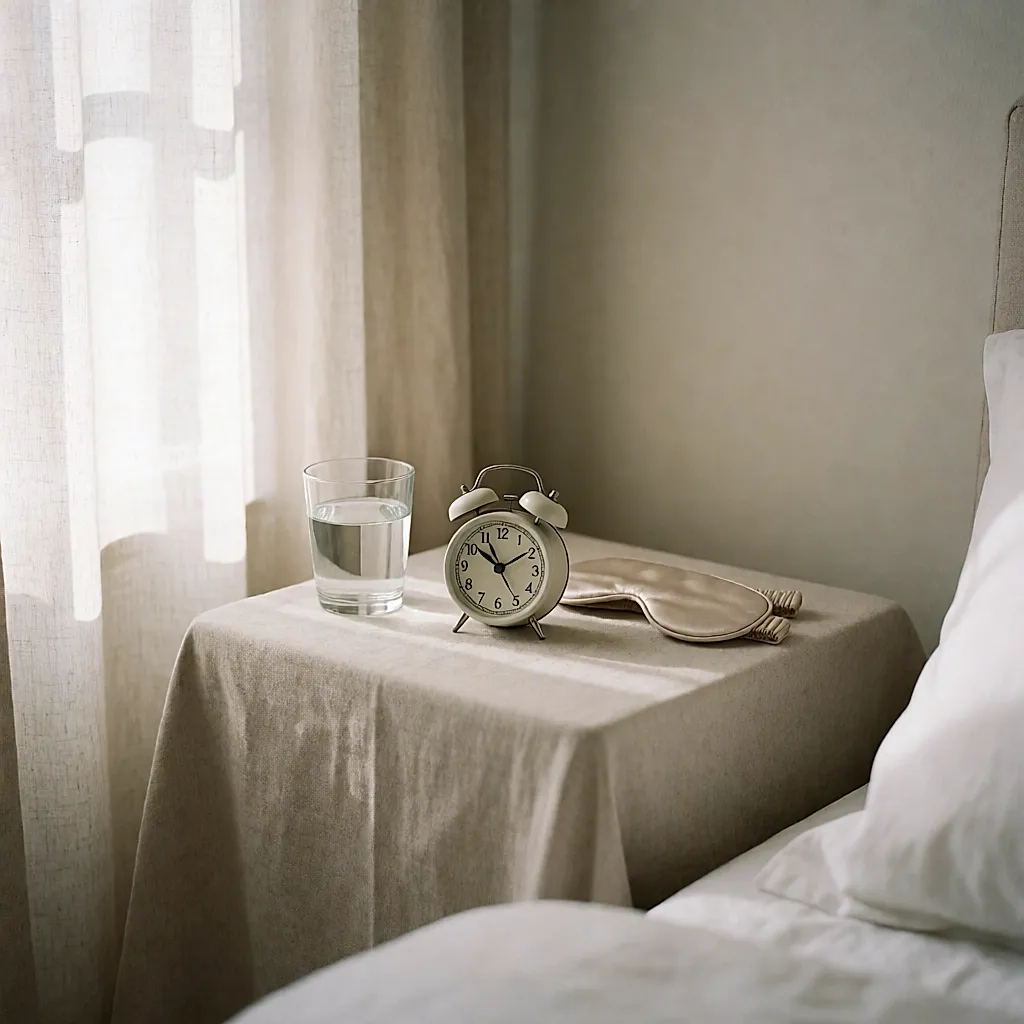 Alarm clock on a linen bedside table to time the nap