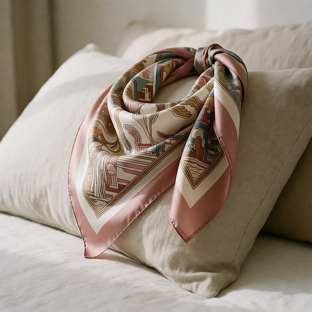 Silk scarf resting on a linen pillow, ready for a nap