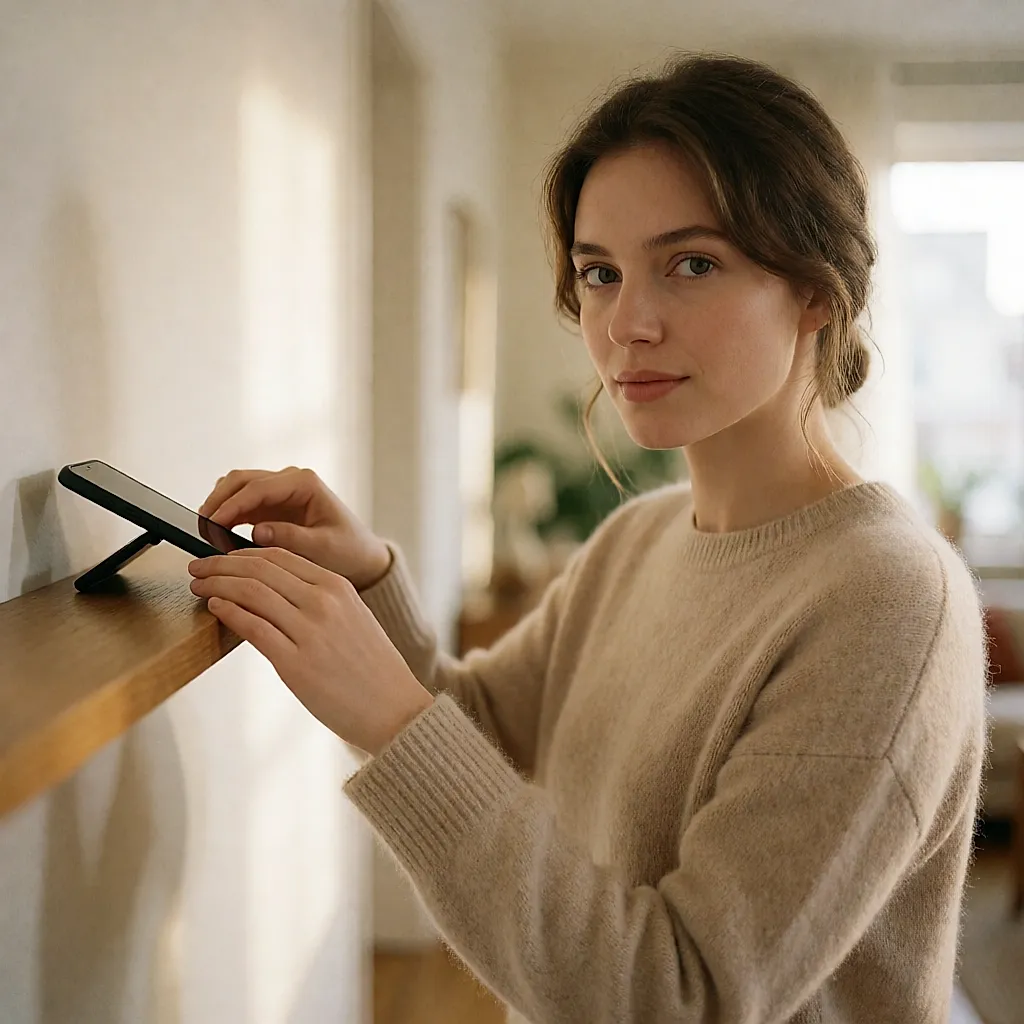 Young woman putting her phone on a shelf before reading