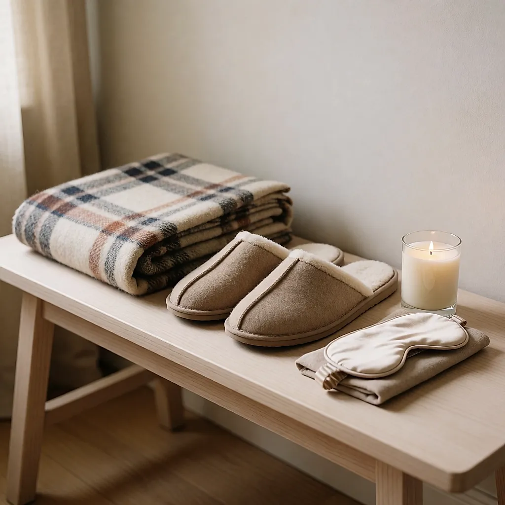Throw, slippers, candle and sleep mask lined up on a bench
