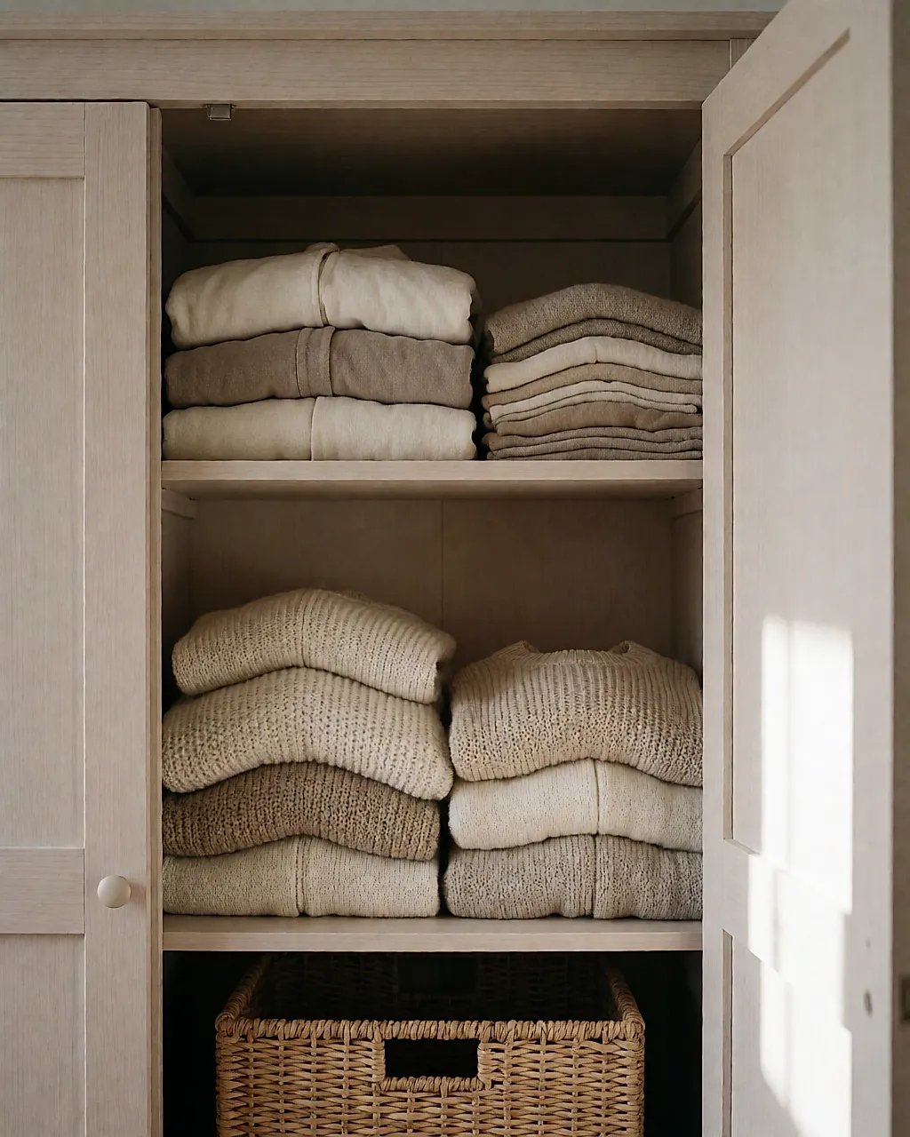 Open wardrobe: stacks of modal jersey sets and fine knits on the shelves