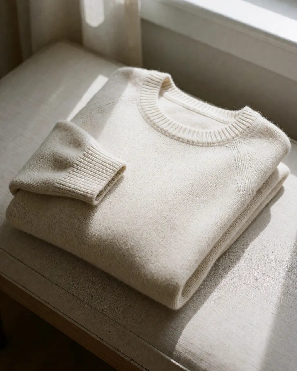 Fine merino jumper folded on a linen bench in low raking light