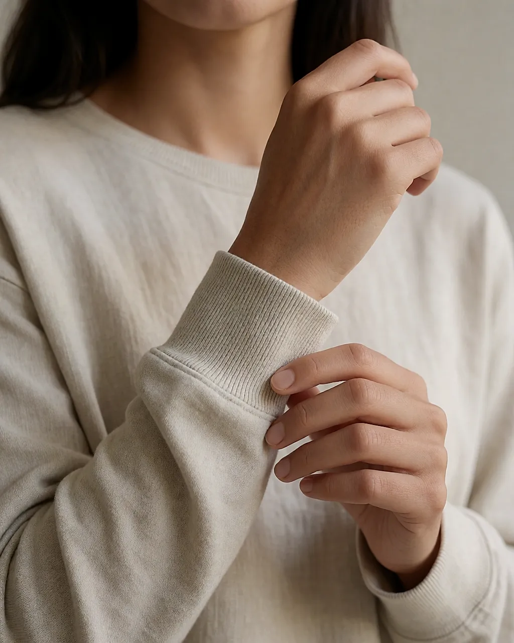 Cuff of a loungewear sleeve resting on a wrist, flat soft hem
