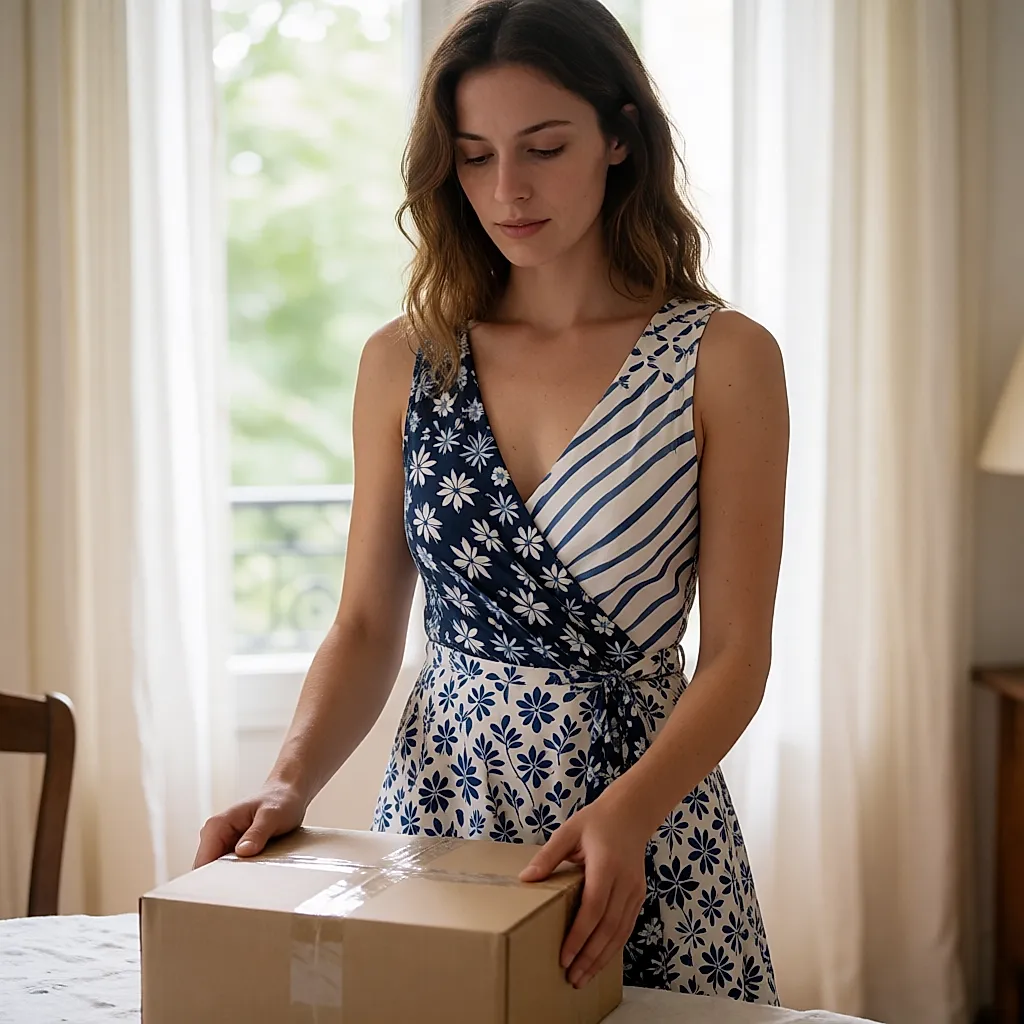 Young woman in loungewear taking in a parcel at her front door