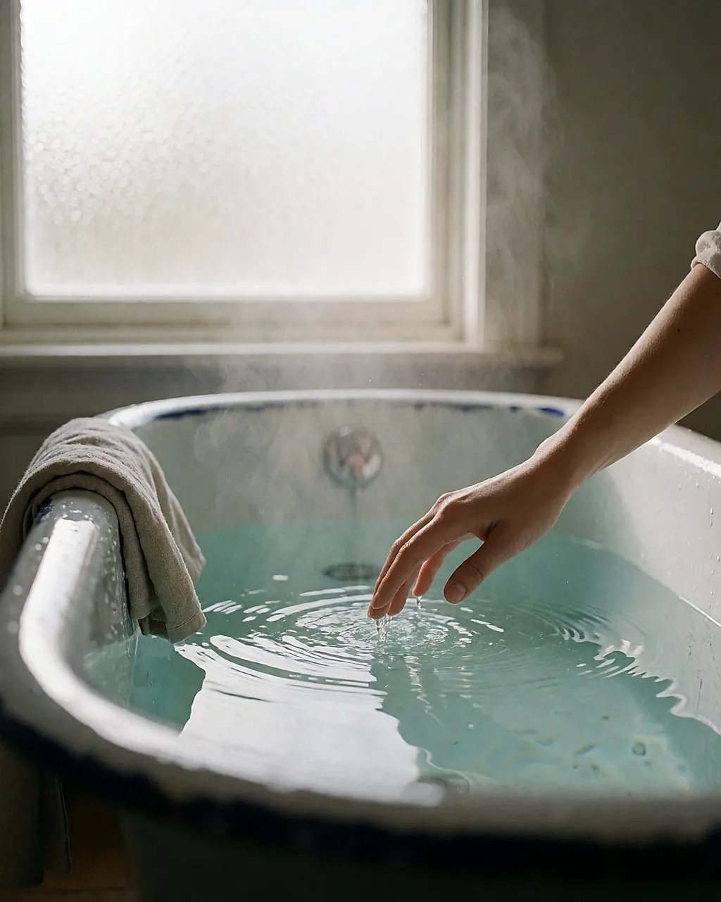 Hand held over running hot bath water, faint steam