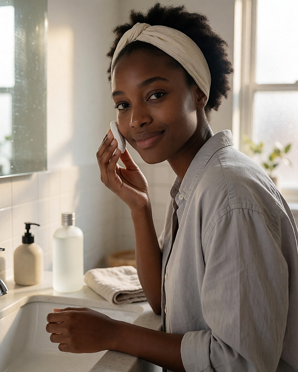 Young Black woman removing her make-up with a cotton pad soaked in micellar water in front of her sink