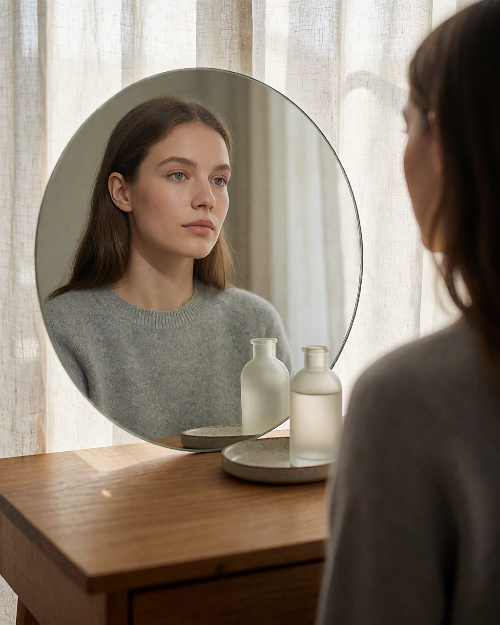 Young woman in front of her mirror, examining the texture and shine of her T-zone in daylight