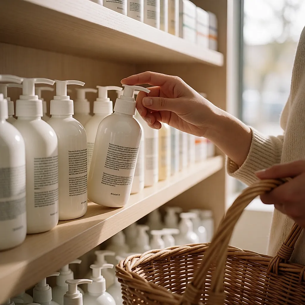 Une main attrape un flacon pompe de nettoyant sur un rayon de pharmacie
