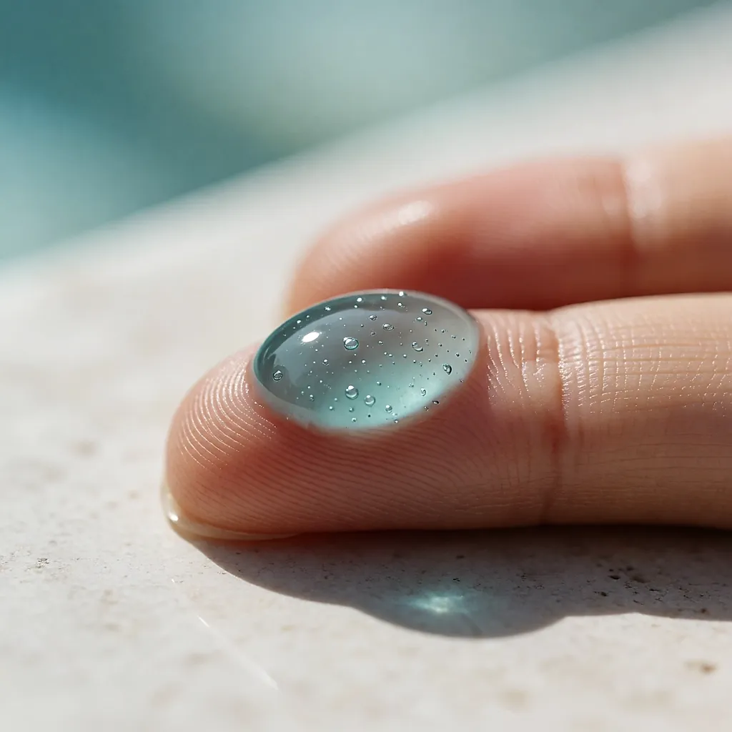 Um pouco de gel de limpeza translúcido na ponta dos dedos