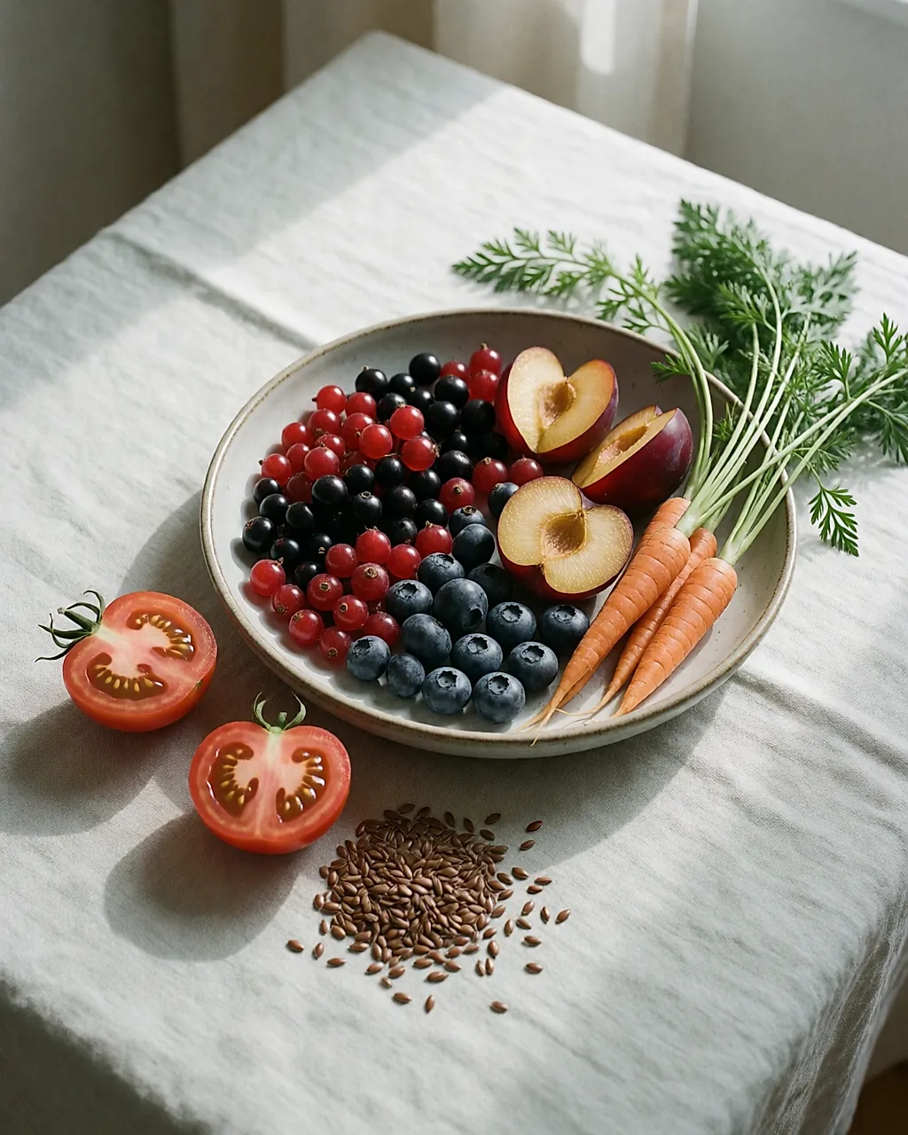 Vista desde arriba de un cuenco de frutos rojos, zanahorias, tomate y semillas de lino sobre lino claro