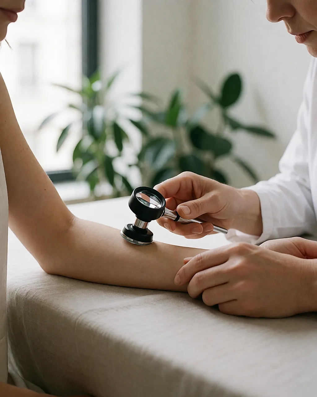 Una dermatóloga examina la piel de un antebrazo con la lupa dermatológica