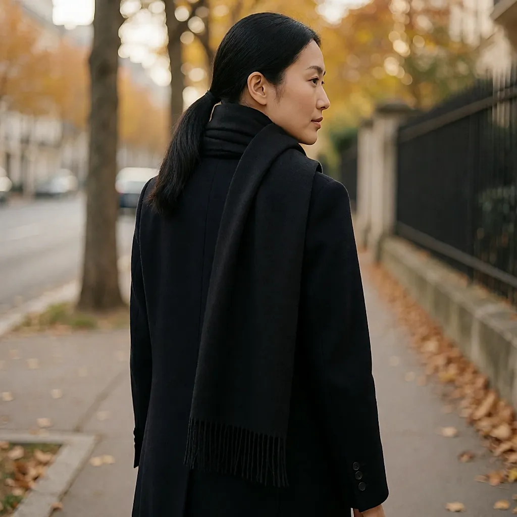 Écharpe longue en laine noire à franges classiques, portée sur un manteau sombre