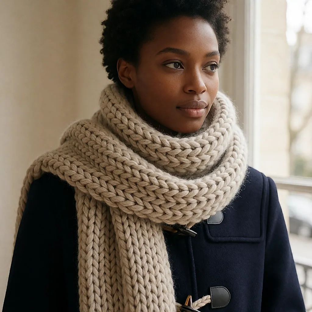 Écharpe en grosse maille beige portée en double tour sur un duffle-coat