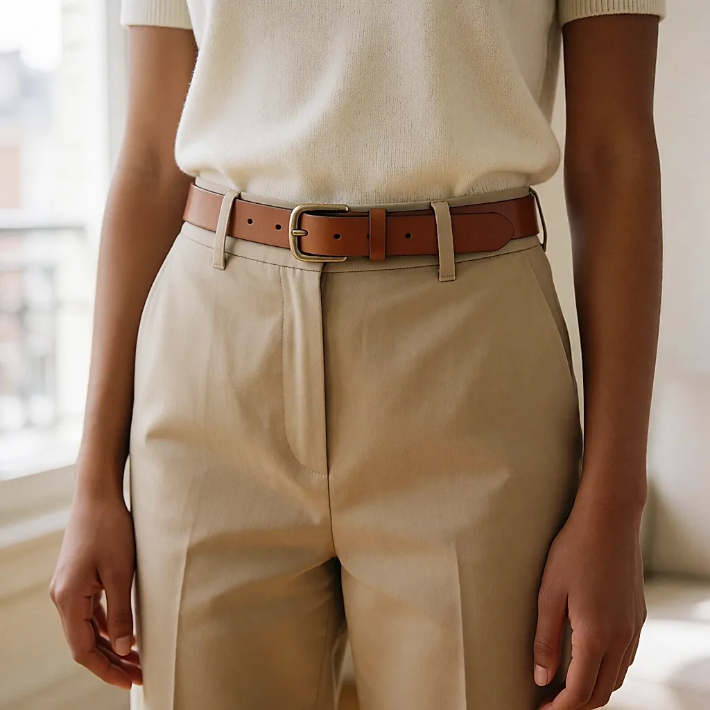 Ceinture plate en cuir tannage végétal portée à la taille sur un pantalon beige