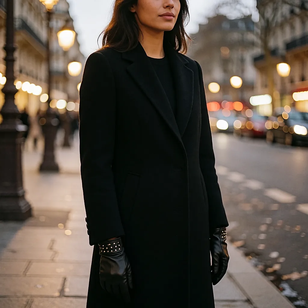 Gants en cuir noir cloutés et bouclés au poignet, portés en tenue de soirée