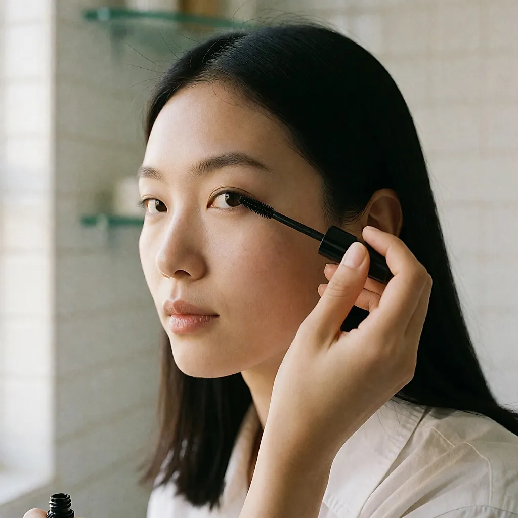 年轻亚裔女性在浴室窗边涂抹一支棕色长持妆睫毛膏
