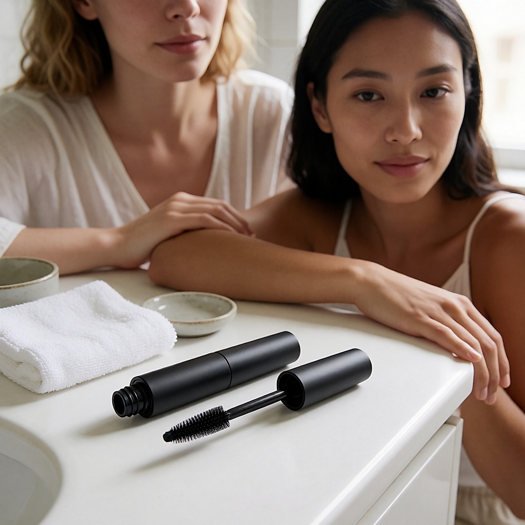 Tube de mascara noir ouvert et sa brosse à fibres posés sur un comptoir blanc, lumière du jour