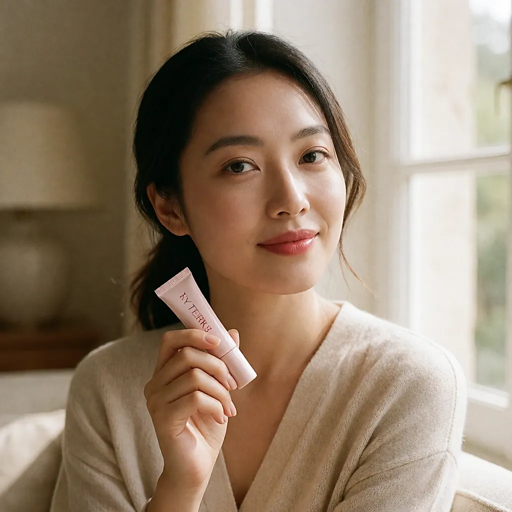 Jeune femme appliquant un baume à lèvres rose brillant, le tube By Terry tenu à la main