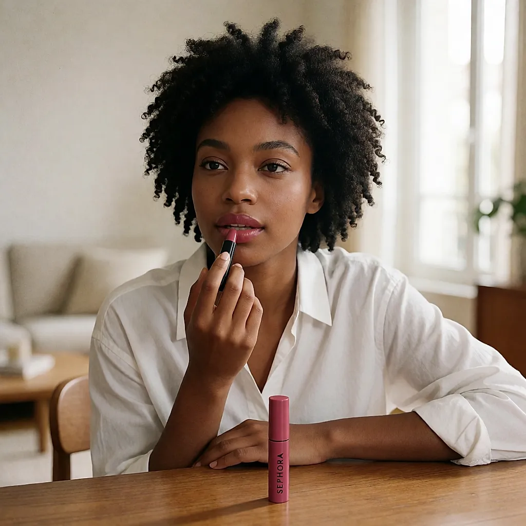 Jeune femme tapotant un baume teinté sur ses lèvres, le tube Sephora posé devant elle